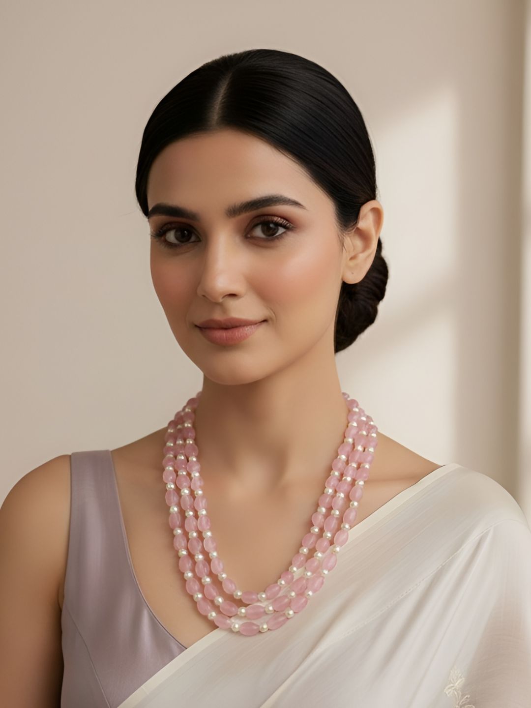 Semi Precious Triple Layered Pink Beads Necklace For Men And Women