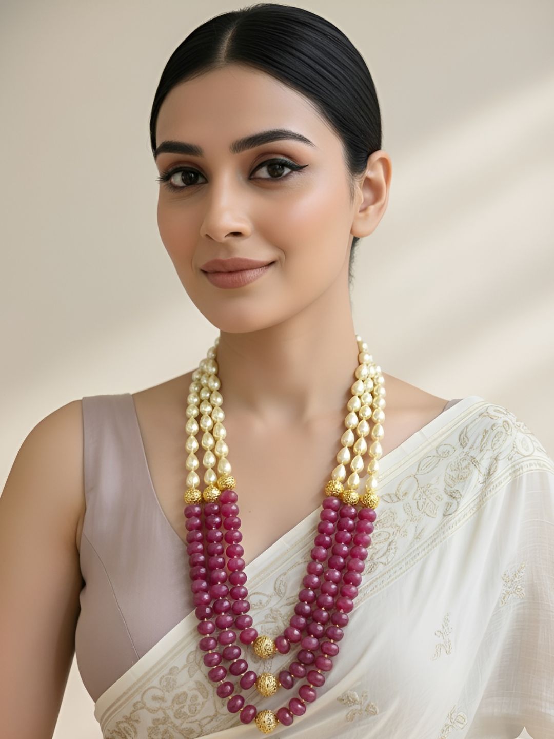 Unisex Semi Precious Long Ruby Pink Quartz And Shell Pearl Beaded Necklace - Beaded Necklace For Sarees And Sherwani