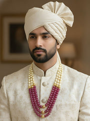 Unisex Semi Precious Long Ruby Pink Quartz And Shell Pearl Beaded Necklace - Beaded Necklace For Sarees And Sherwani