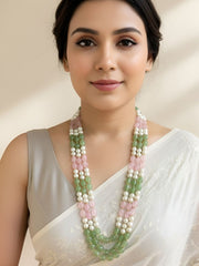 Long Triple Layered Semi Precious Jade Beads Necklace - Mint And Pink Color Beads Jewelry for women