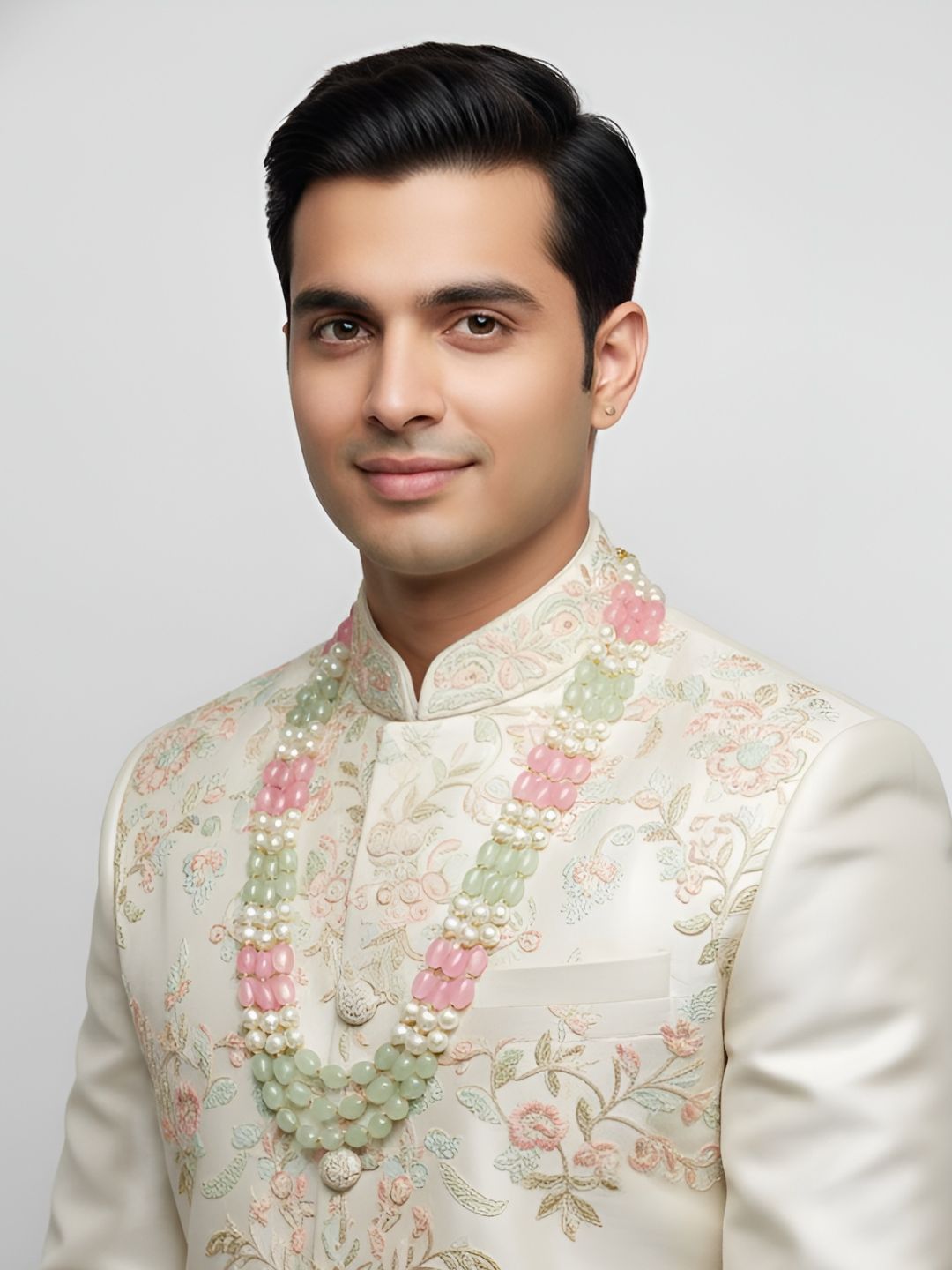 Long Triple Layered Semi Precious Jade Beads Necklace for groom - Mint And Pink Color Beads Jewelry for mens sherwani