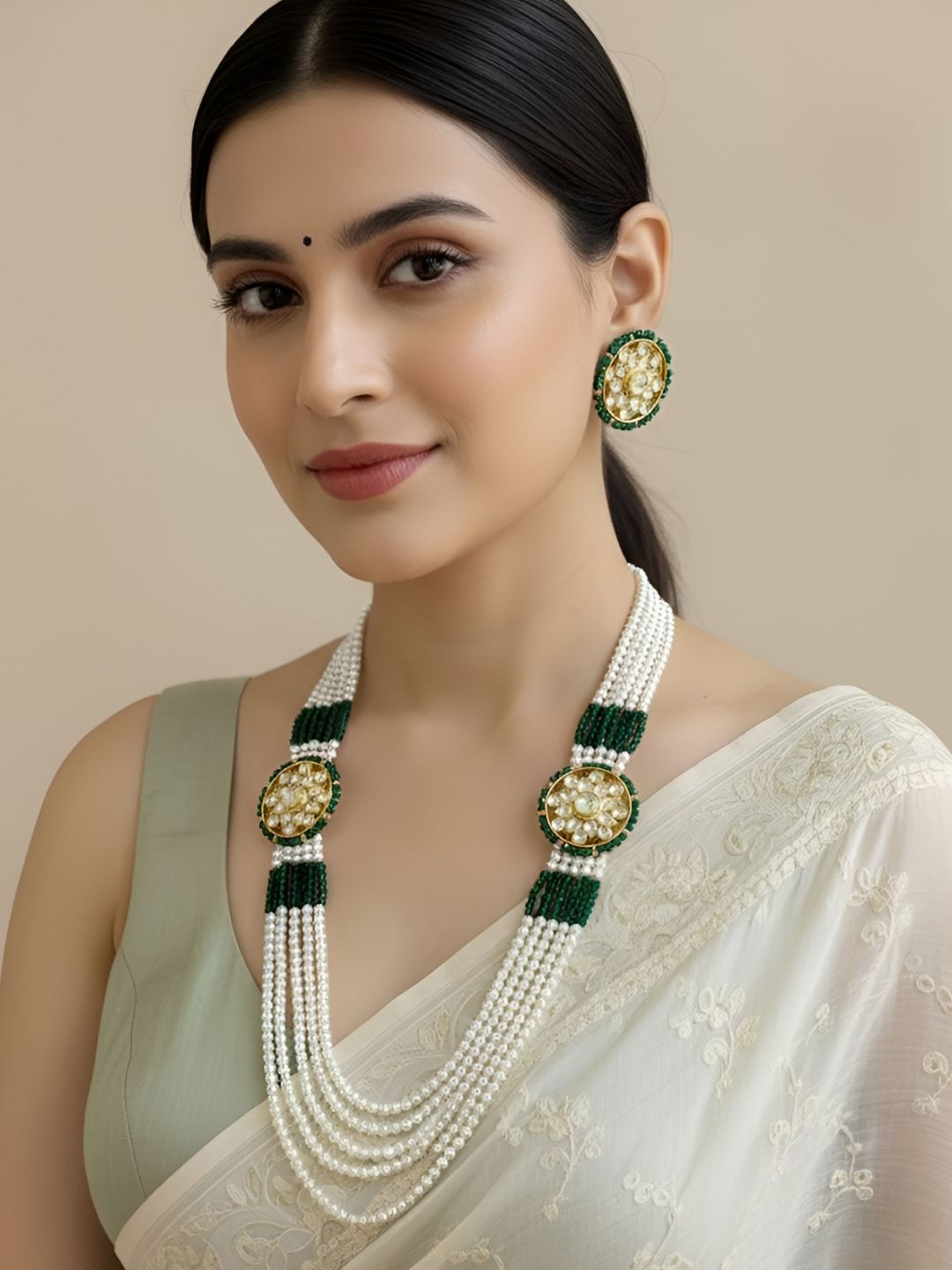 Designer Multi Layered Long Side Kundan Brooch And Pearl Necklace For Women - Wedding And Festive Wear Beads Jewelry