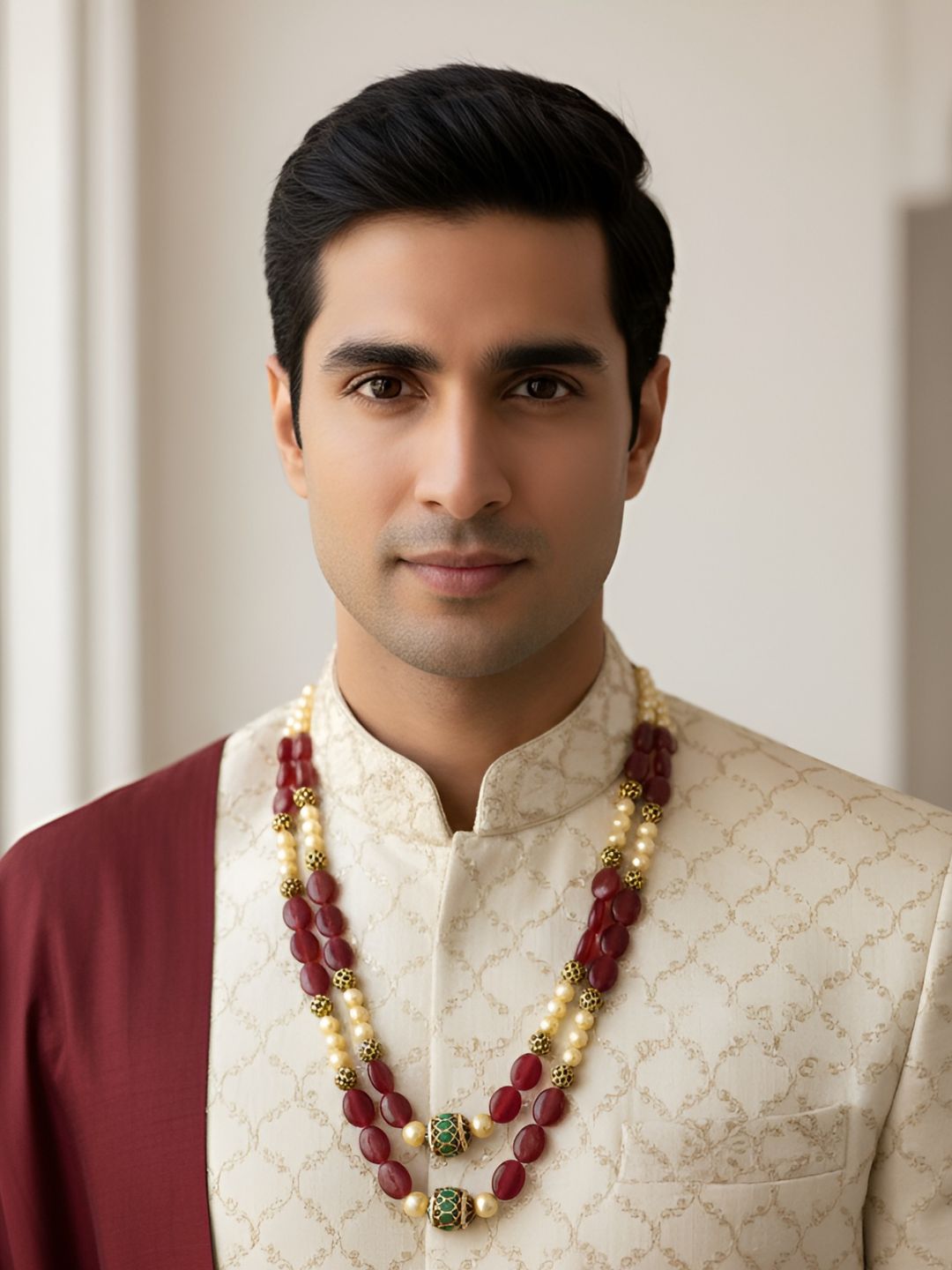 Semi Precious Maroon Jade Stone Beads Necklace Handcrafted For Men | sherwani mala for men