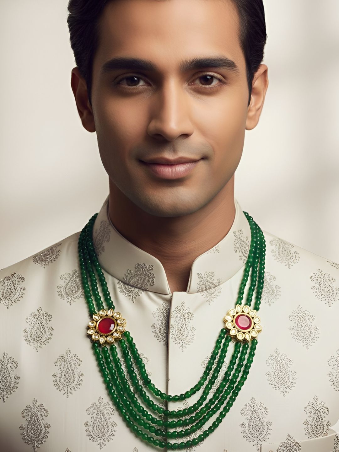 Unisex Semi Precious Long Multilayered Green Jade Beaded Necklace Set with Side Kundan Brooch by Gehna Shop