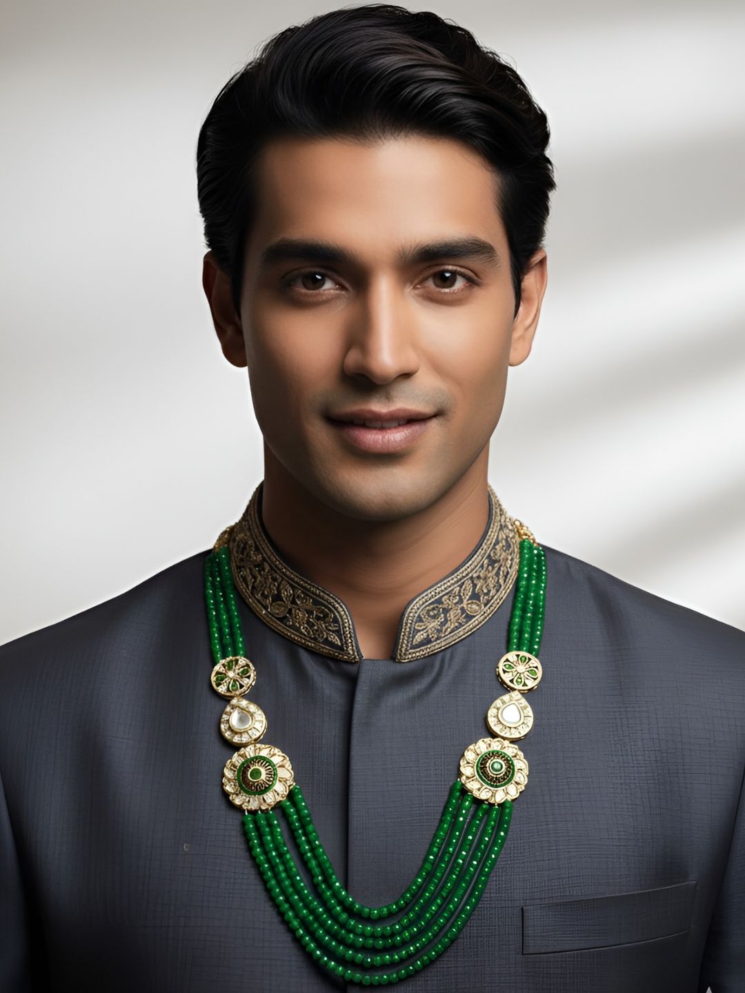 Long Semi Precious Unisex Green Beaded Jewellery Necklace With Kundan And Polki Side Brooches