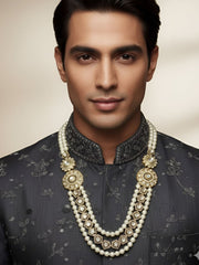 Natural Freshwater Long Pearl Necklace With Kundan Brooch – Beads Jewelry For Grooms Sherwani And Bridal Wear