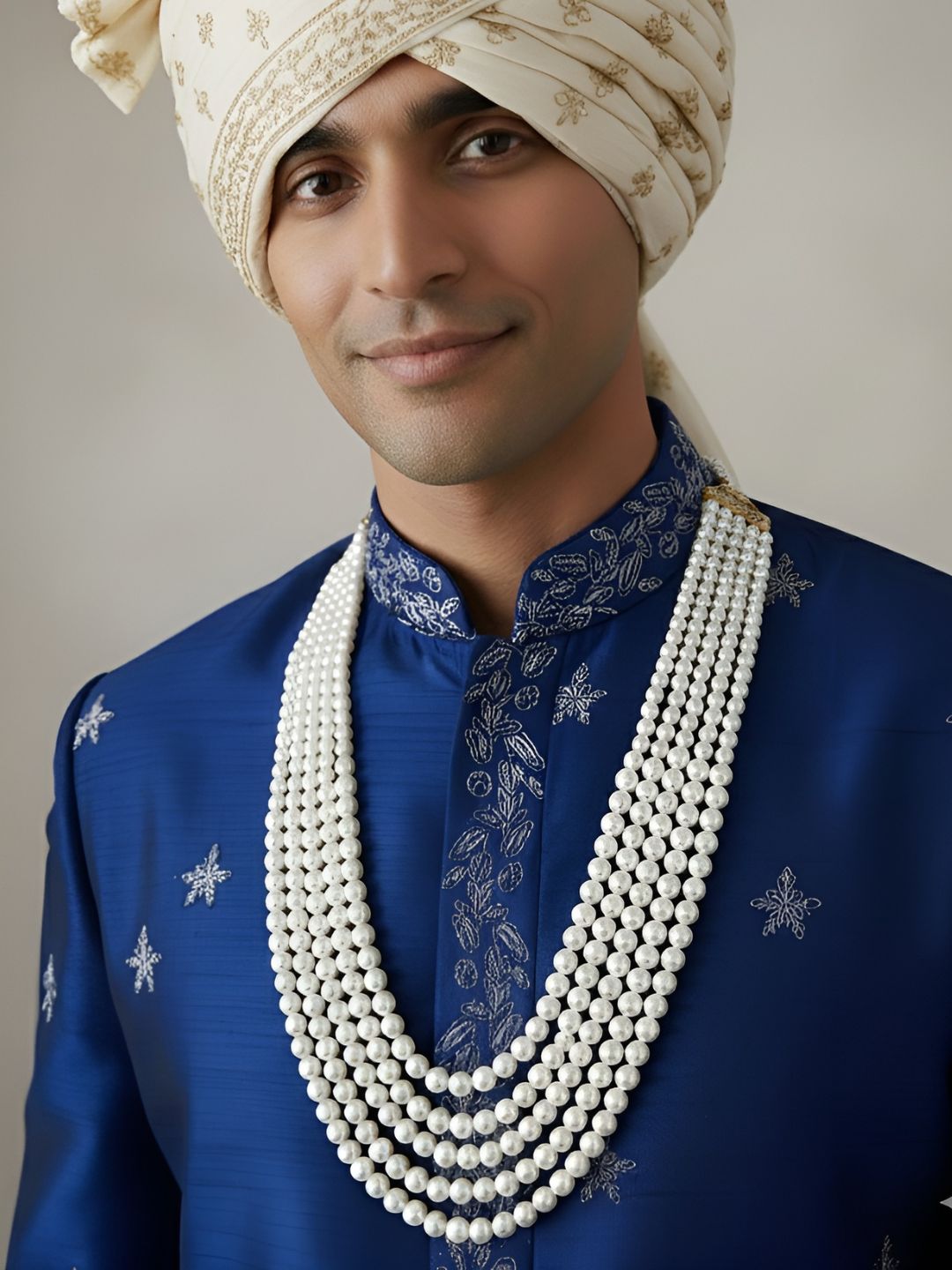 Long Multi Layered Beaded Pearls Necklace For Grooms Sherwani - Dulha Mala