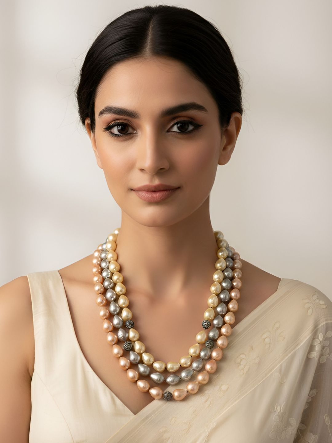 Triple Layered Contemporary Shell Pearl Fancy Beads Necklace By Gehna Shop