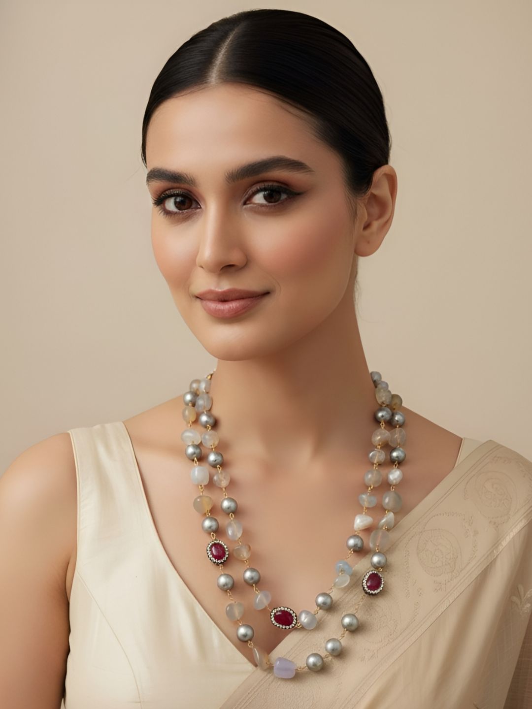 Handcrafted Semi Precious Onyx Stone Gray Pearls Beaded Necklace By Gehna Shop