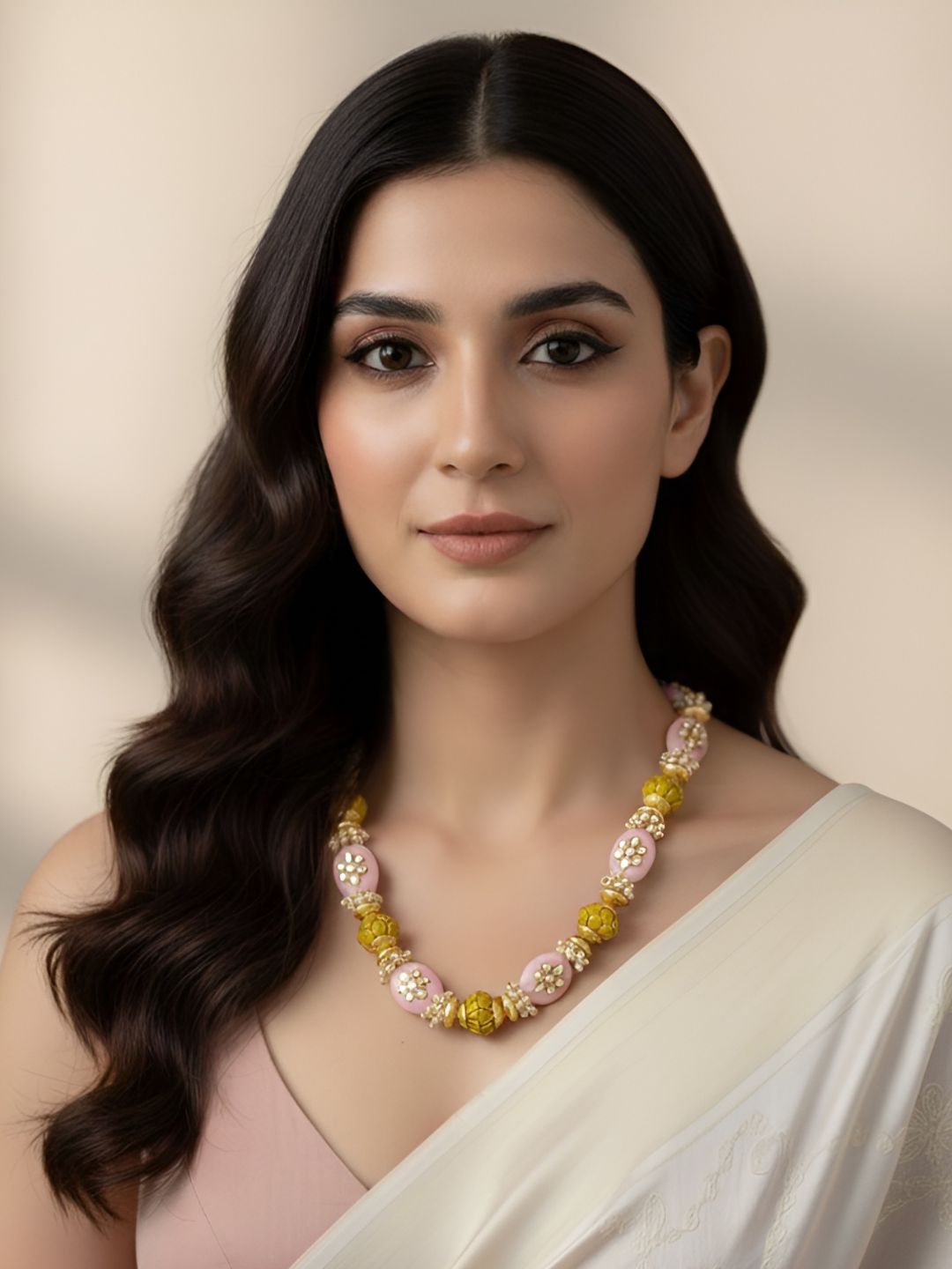 Designer Semi Precious Pink Jade And Pearls Fancy Beads Necklace By Gehna Shop