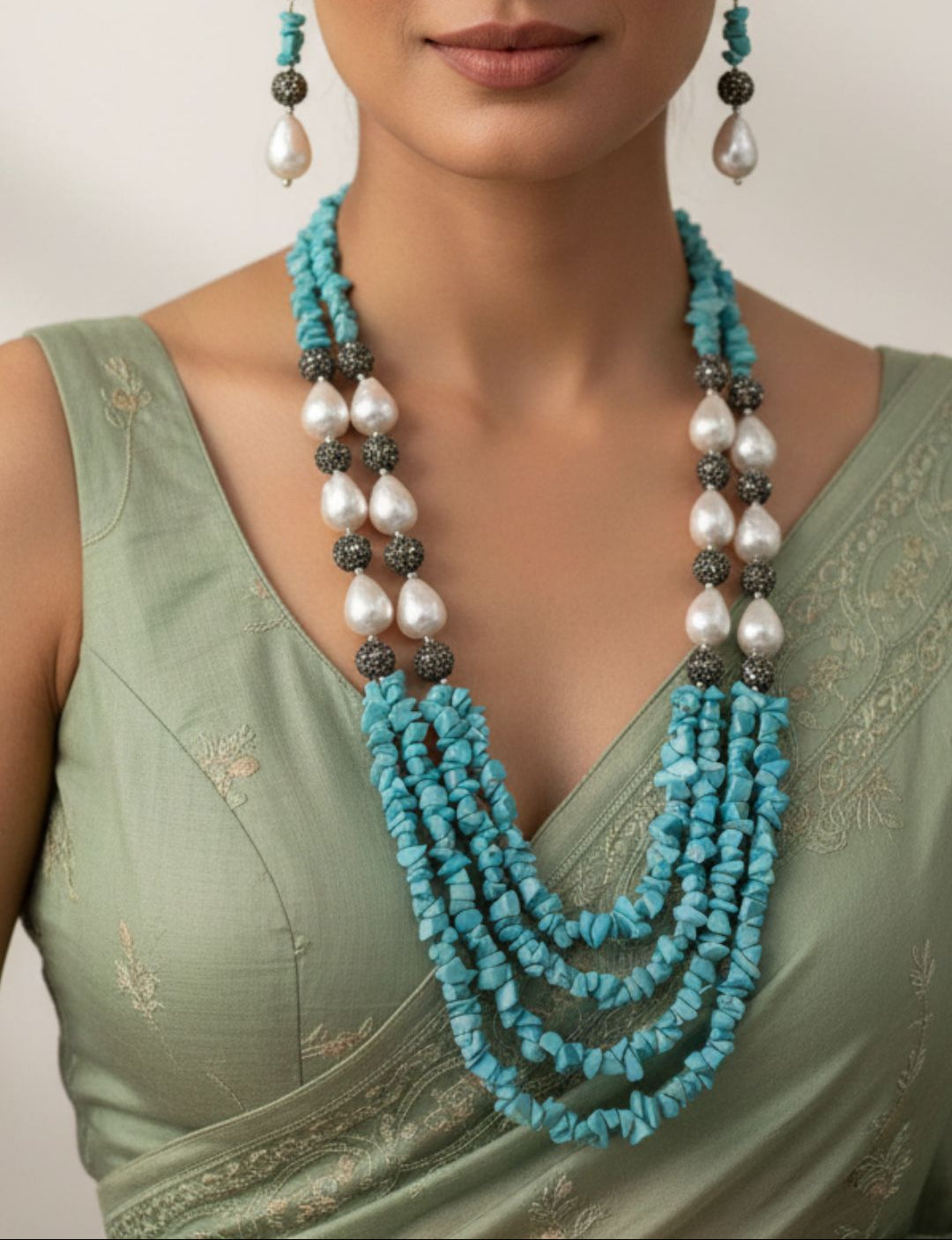 Designer Semi Precious Gemstone Turquoise Uncut Beads Necklace By Gehna Shop