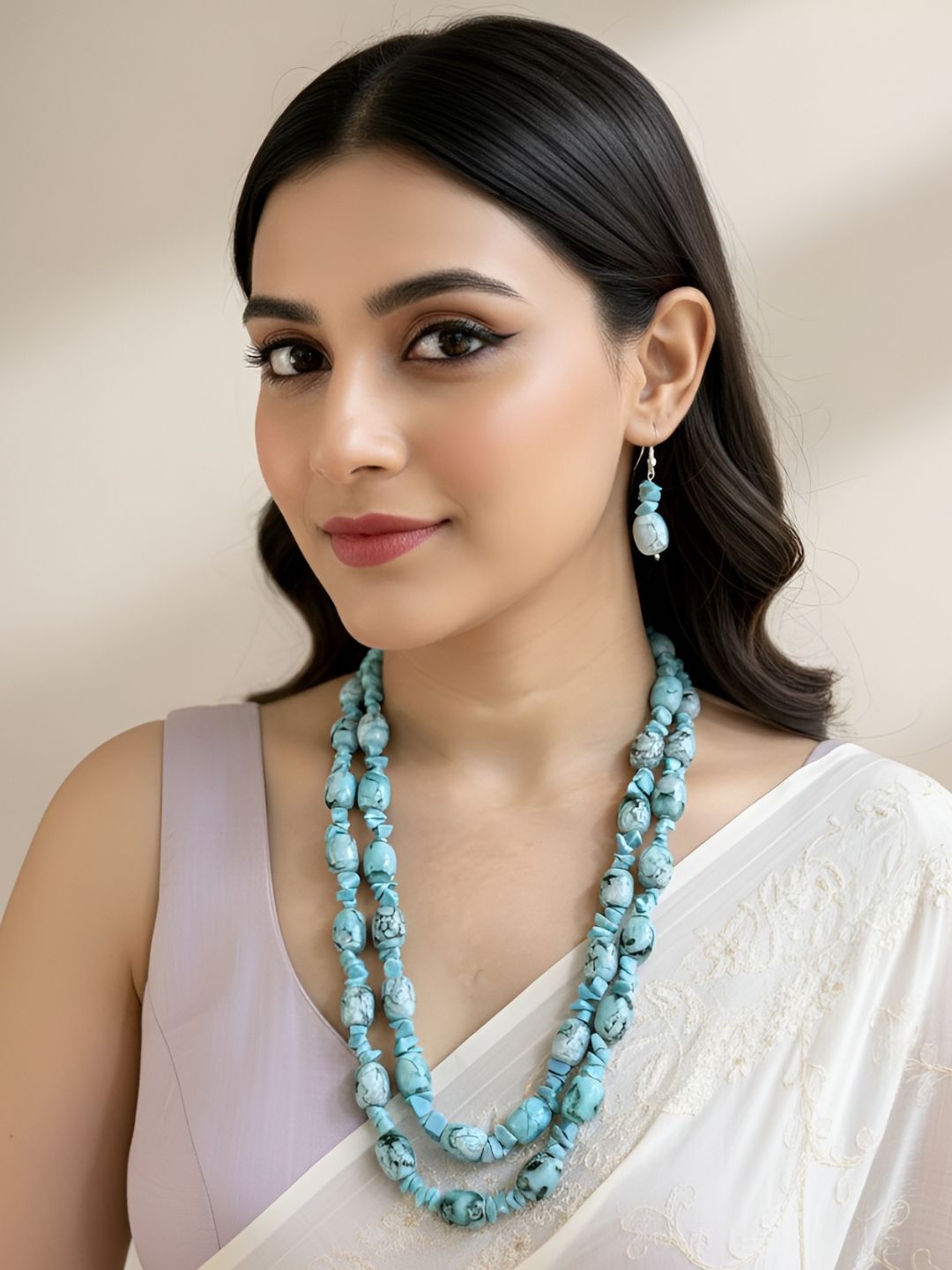 Designer Semi Precious Aqua Blue Chalcedony Beads Necklace - Gemstone Beaded Jewelry