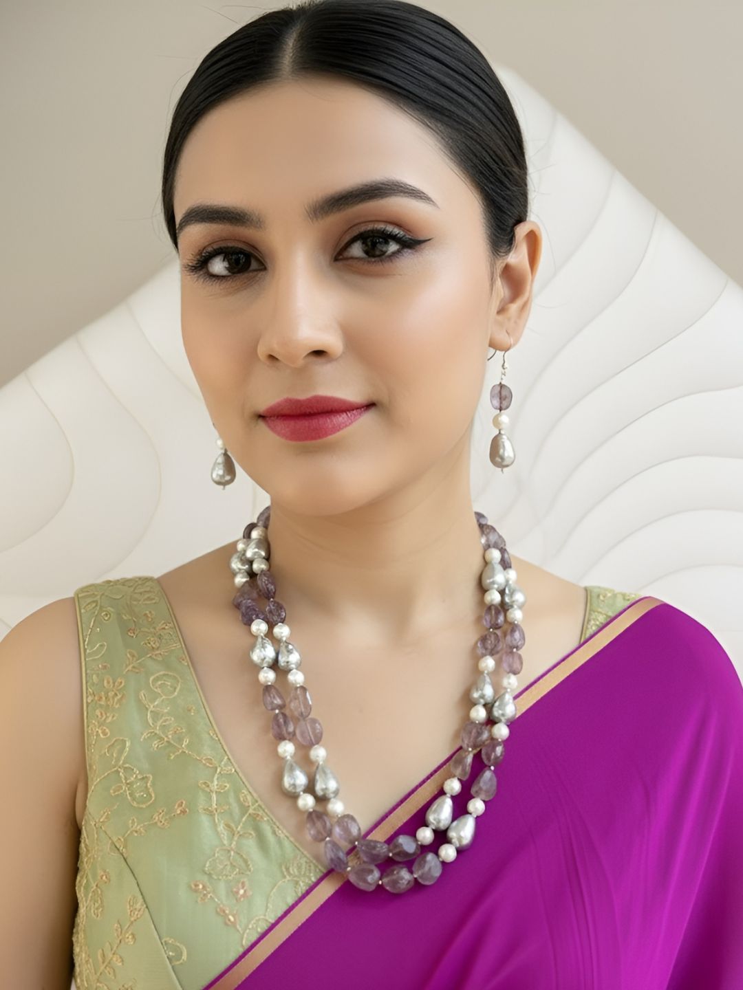 Semi Precious Amethyst And Pearls Fancy Beads Necklace For Women - Purple Beads Necklace