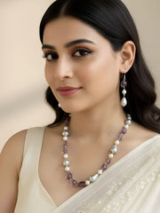 Semi Precious Amethyst And Pearls Fancy Beads Necklace For Women - Gemstone Purple Beads Jewelry