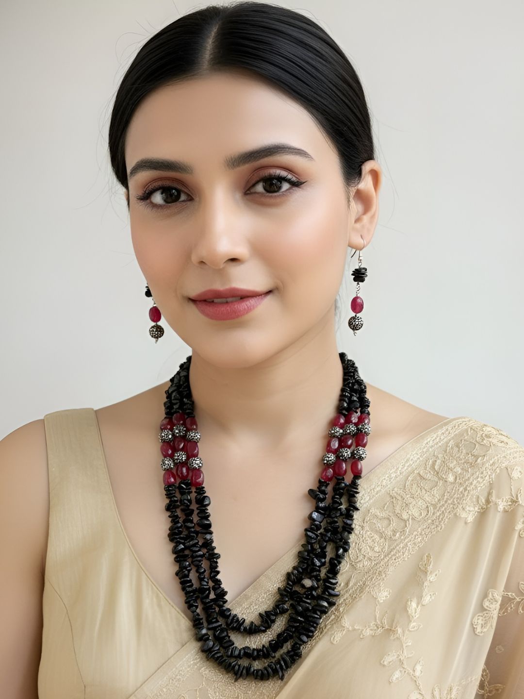 Elegant Semi Precious Layered Black Onyx Beaded Necklace Set - Fancy Black Beads Necklace