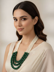 Semi Precious Layered Green Watermelon Shaped Jade Beads And Pearls Necklace For Women