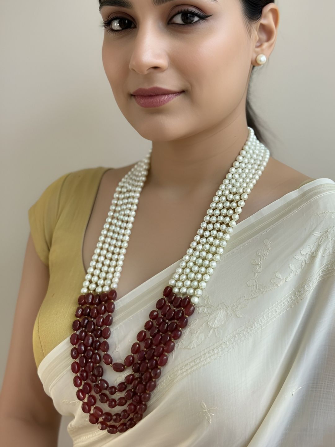 Unisex Multilayered Long Pearls And Red Gemstone Beaded Necklace - Mala For Sherwani & Sarees