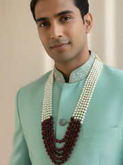 Unisex Multilayered Long Pearls And Red Gemstone Beaded Necklace - Mala For Sherwani & Sarees