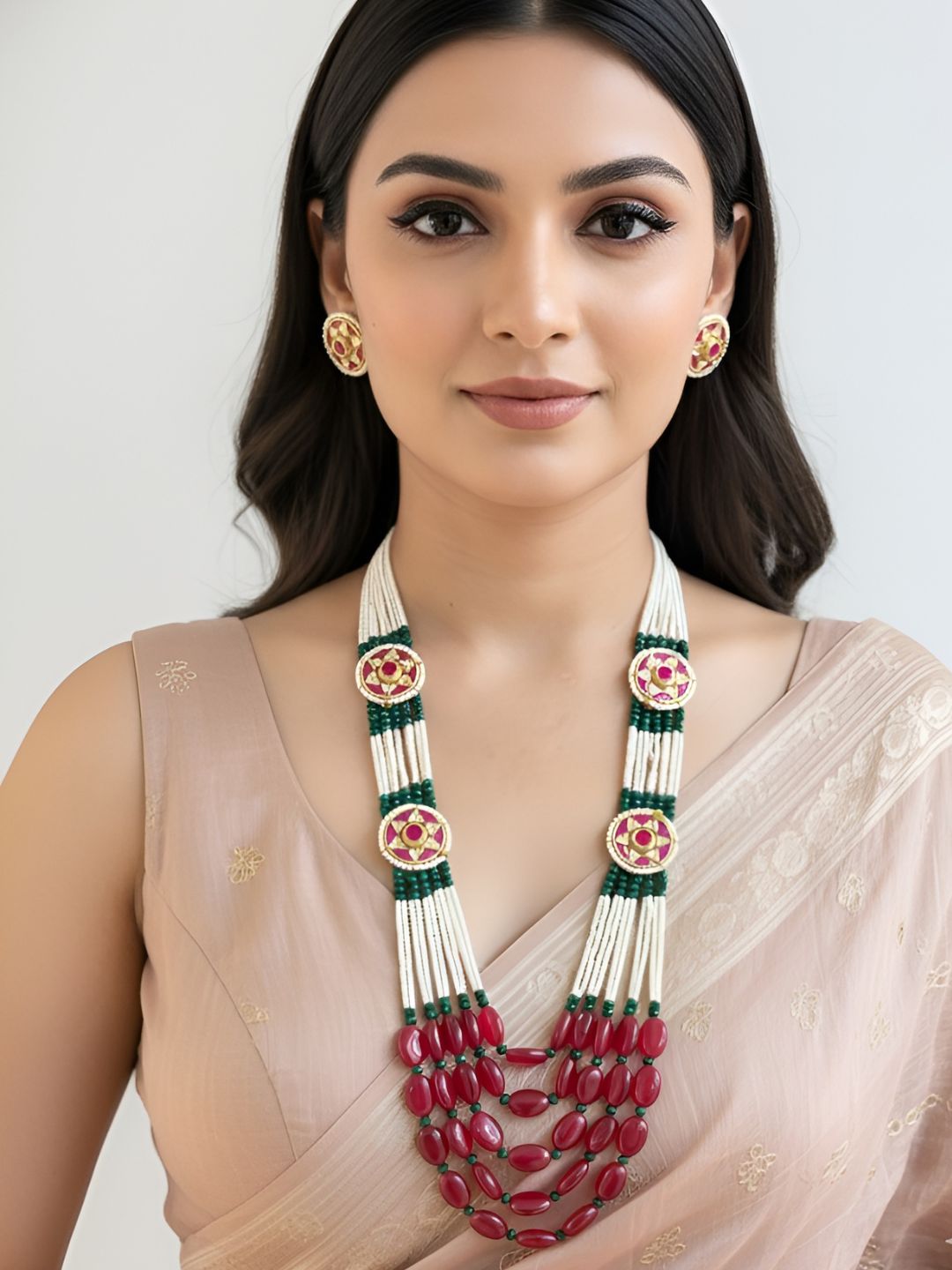 Traditional Handcrafted Side Kundan Brooches Beaded Necklace Set - Wedding And Festive Wear