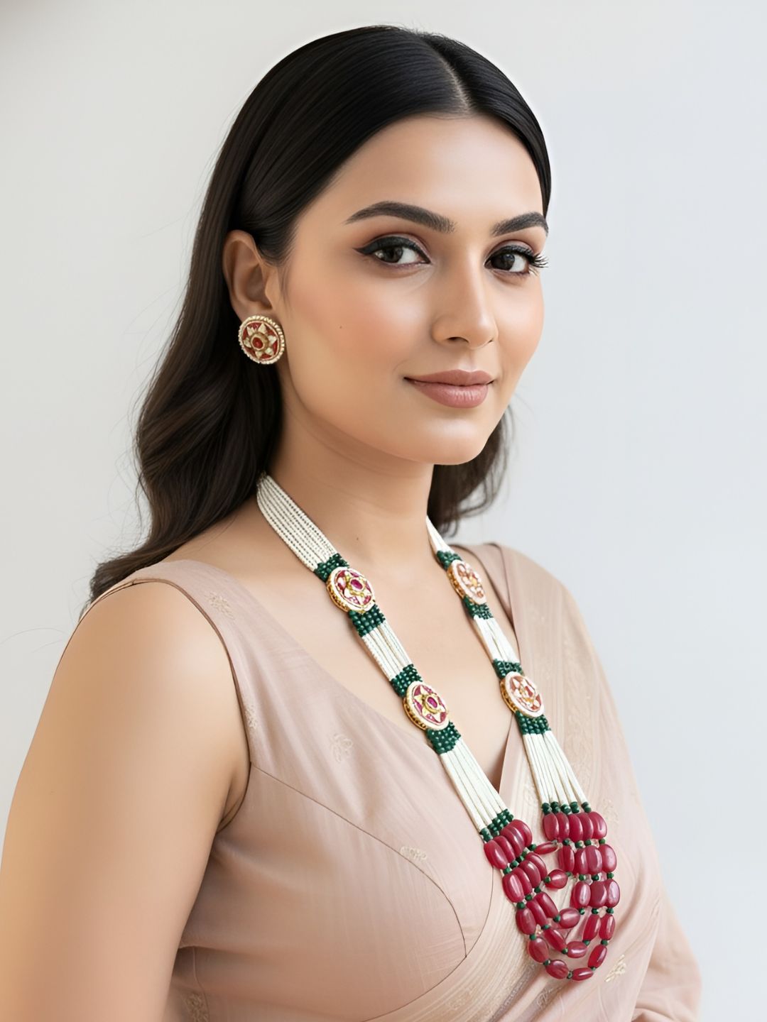 Traditional Handcrafted Side Kundan Brooches Beaded Necklace Set - Wedding And Festive Wear