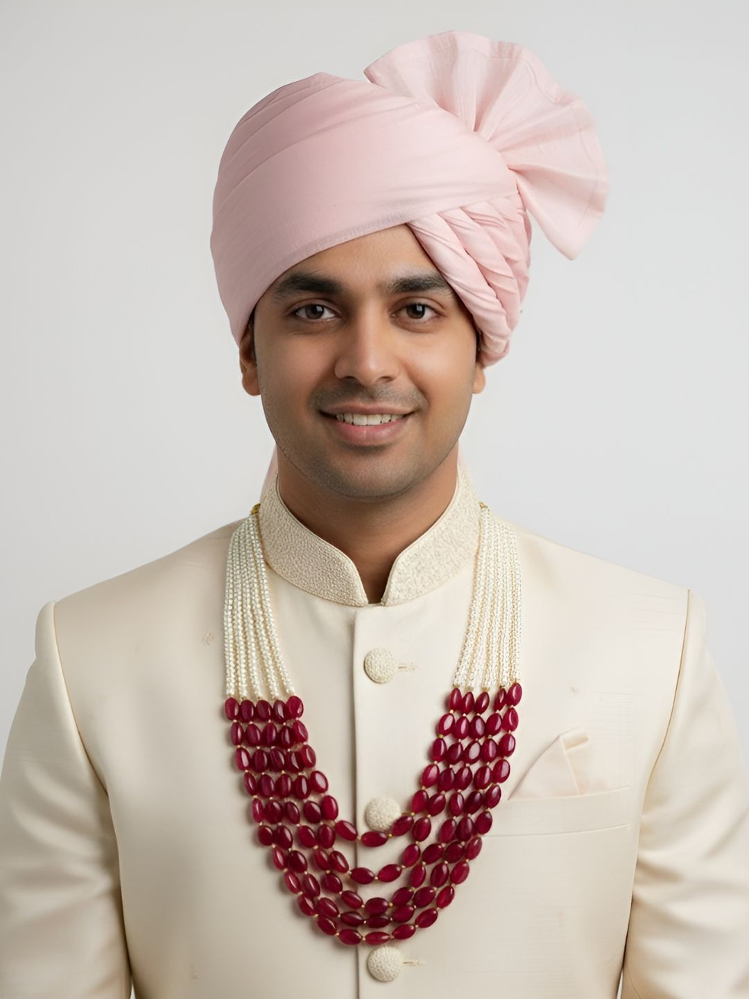 Designer Multi Layered Red Jade And Pearl Beaded Sherwani Mala For Grooms - Dulha Kantha 