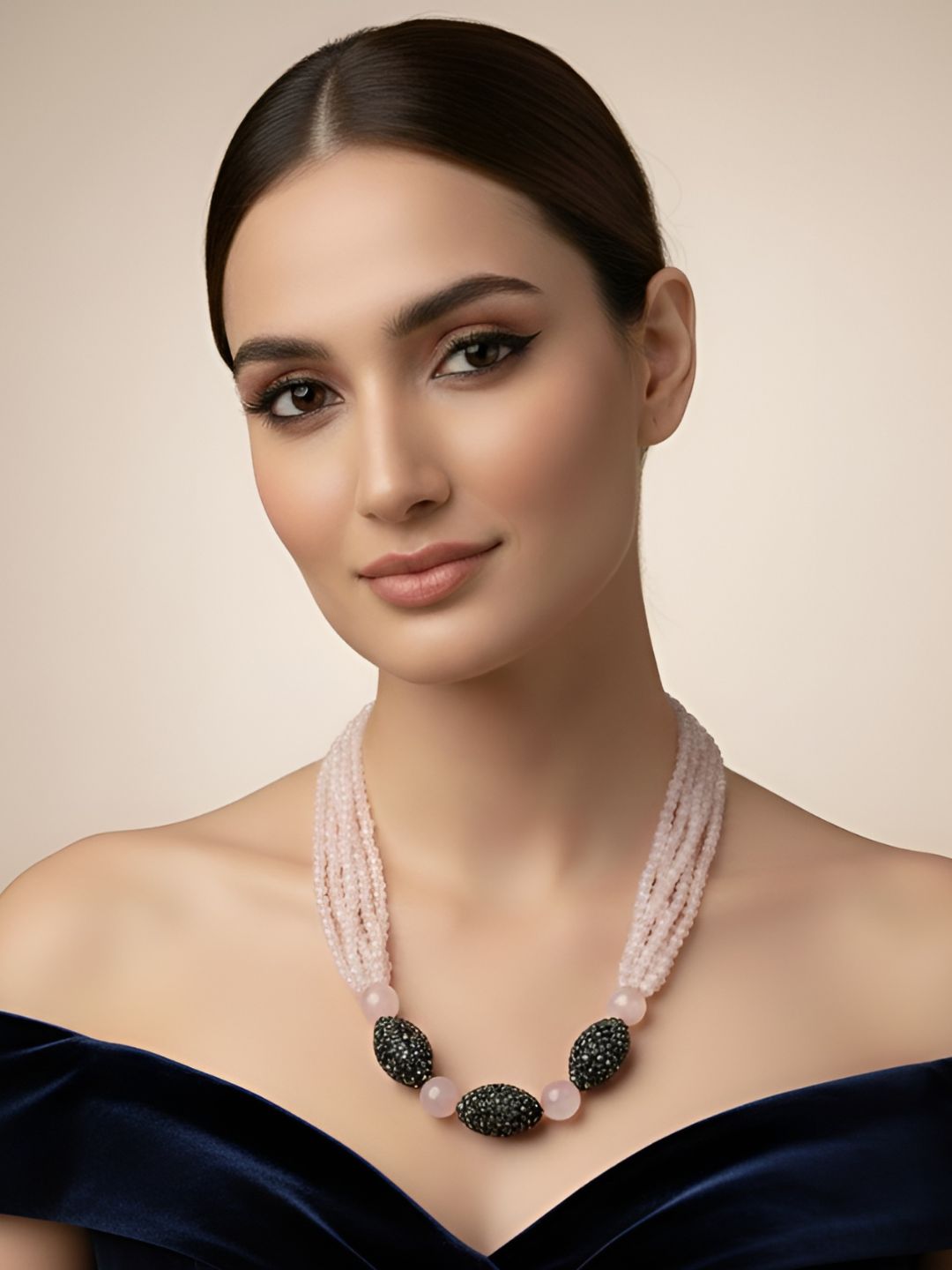 Designer Semi Precious Rose Quartz Beads Necklace Set For Women - Pink Necklace