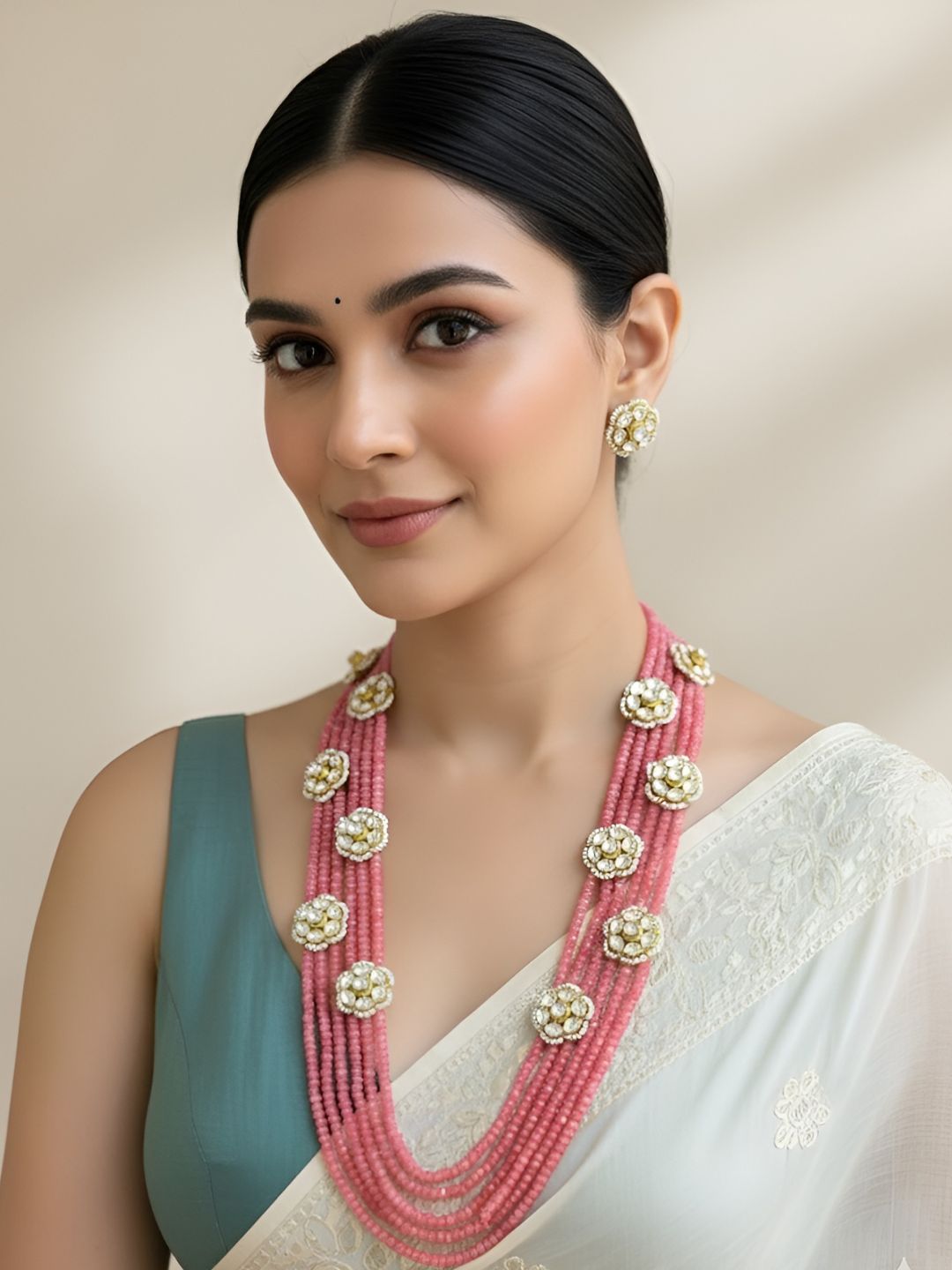 Designer Multilayered Semi Precious Peach Pink Color Jade Beaded Necklace Set With Kundan Brooches