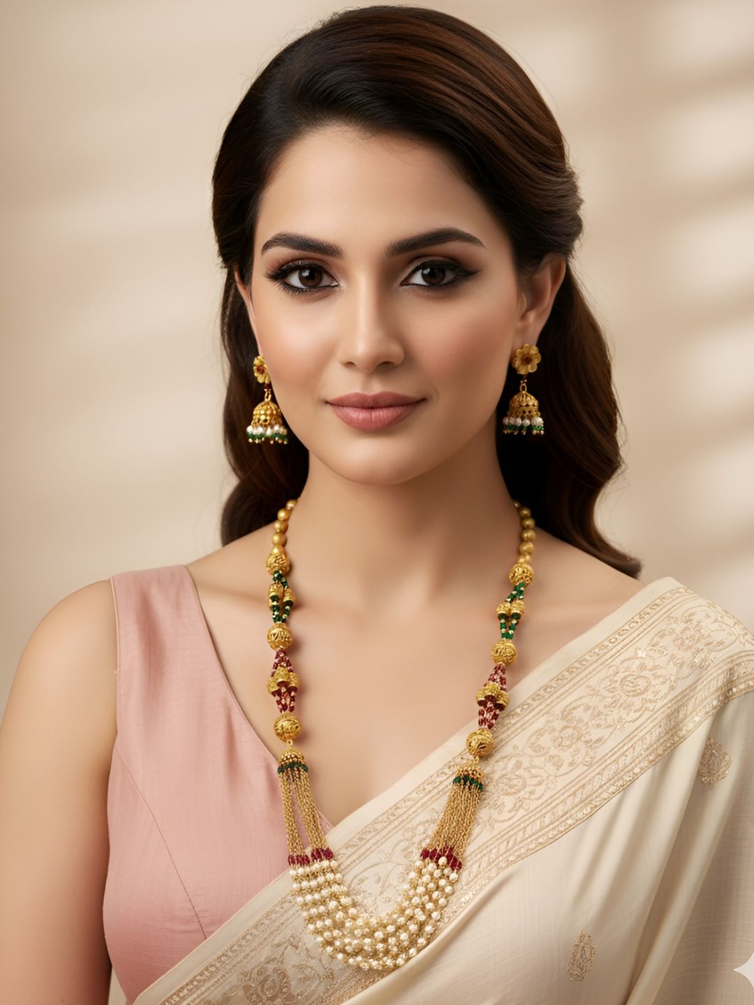 Designer Antique Gold Plated Long Golden Chains Pearls Beaded Necklace For Woman