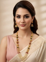 Designer Antique Gold Plated Long Golden Chains Pearls Beaded Necklace For Woman