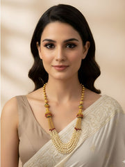 Designer Antique Gold Plated Long Golden Chains Pearls Beaded Necklace For Woman