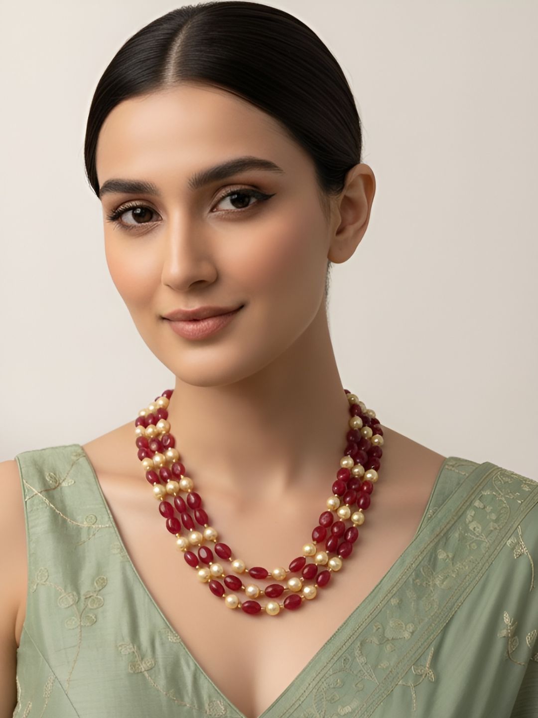 Semi Precious Triple Layered Red Jade Beads Necklace For Men And Women