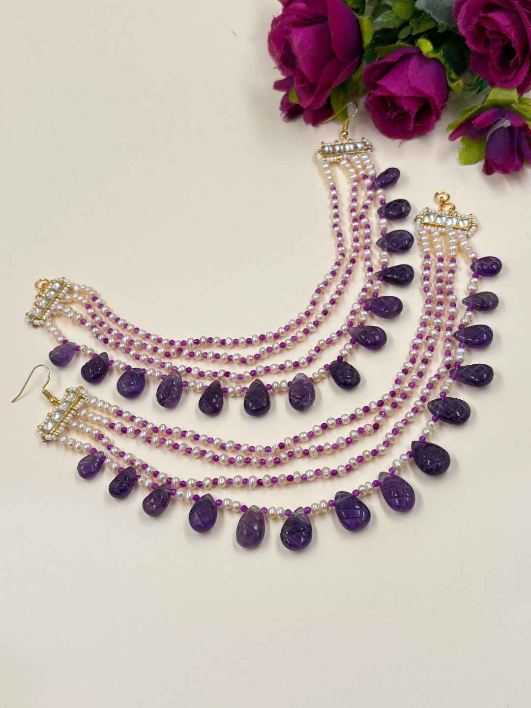 Designer Handcrafted Natural Amethyst And Real Freshwater Beaded Pearl Earchain For Weddings
