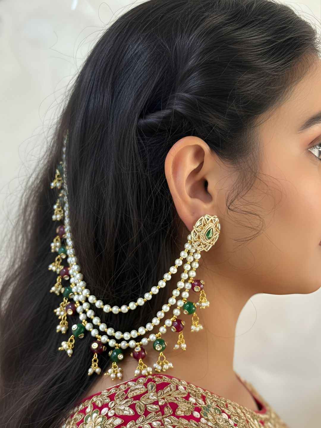 Handcrafted Multi Colour Pearls Hair Chain For Women - Ethnic & Traditional Layered Ear Chain