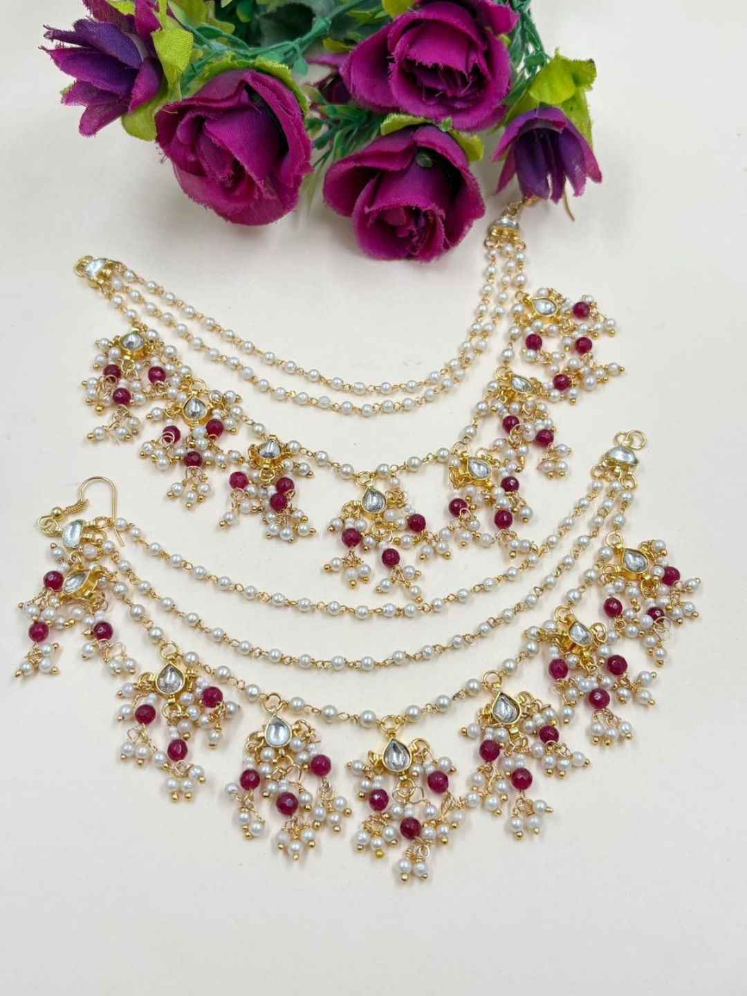 Gold Plated Kundan And Pearl Ganthan Ear Chain For Weddings | Traditional Matil Design