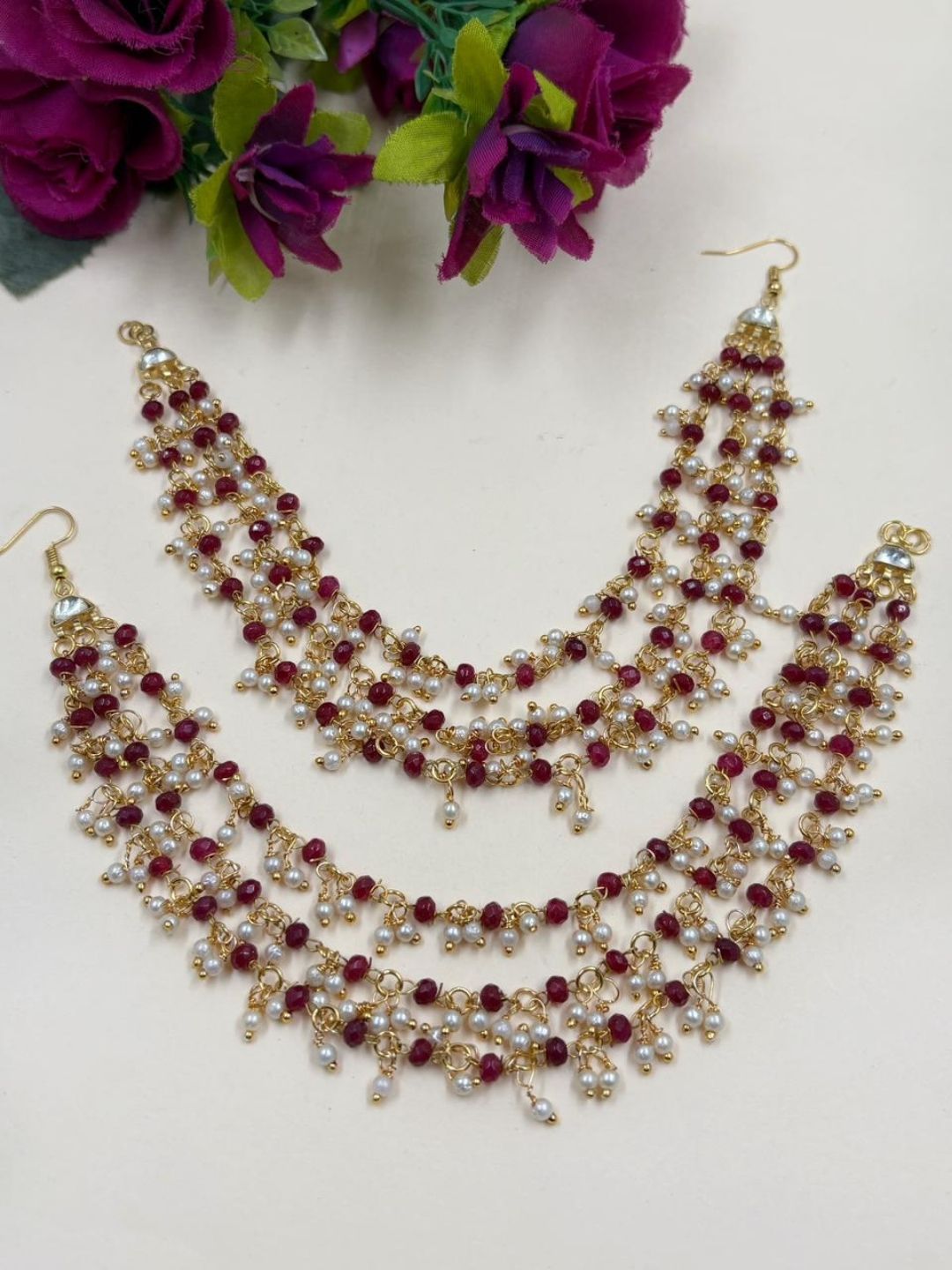 Handcrafted Layered red Beaded Ear Chain For Women | Matil For Weddings