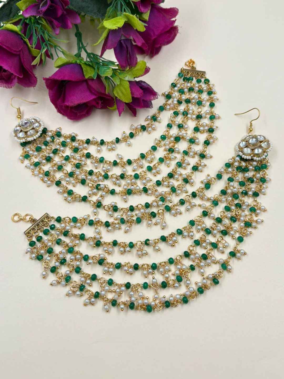 Designer Layered green Beaded Kundan Earchian For Women - Traditional Hair Chain Matil Design