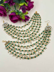 Designer Layered green Beaded Kundan Earchian For Women - Traditional Hair Chain Matil Design