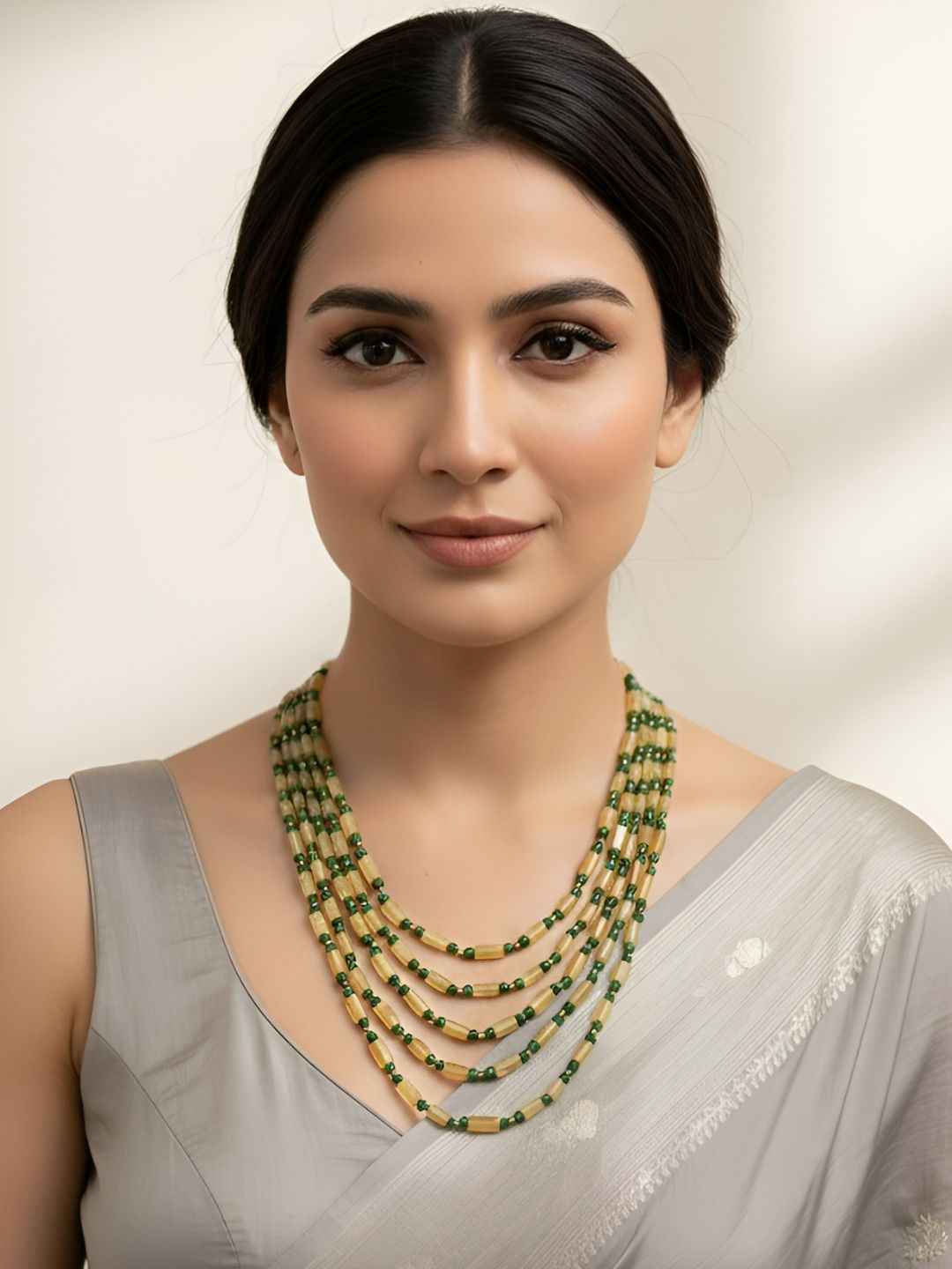 Handcrafted Layered Yellow Jade Beads Necklace For Women - Festive Beads Jewellery