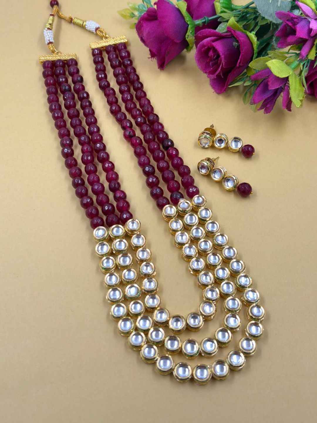 Gold Plated Layered Kundan red jade Beaded Necklace Set - Traditional Ethnic Jewellery Set