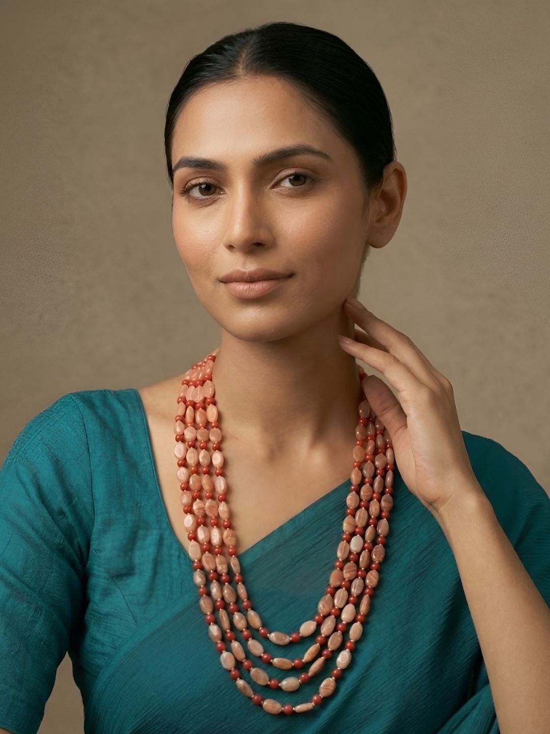 Elegant Layered Red Coral & Natural Moonstone Beaded Necklace For Women