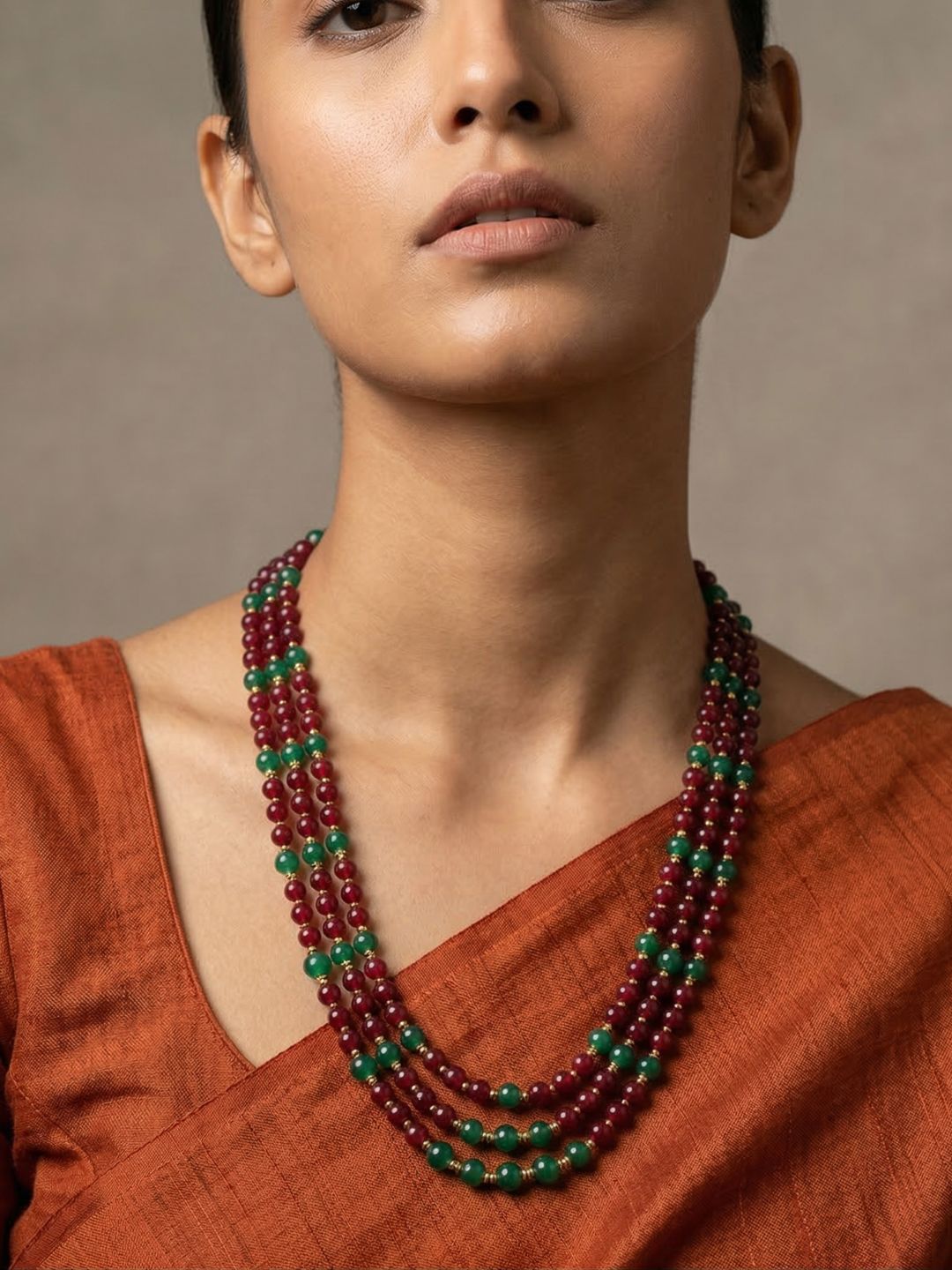 Triple Layered Maroon Onyx Gemstone Beaded Necklace Set for Women