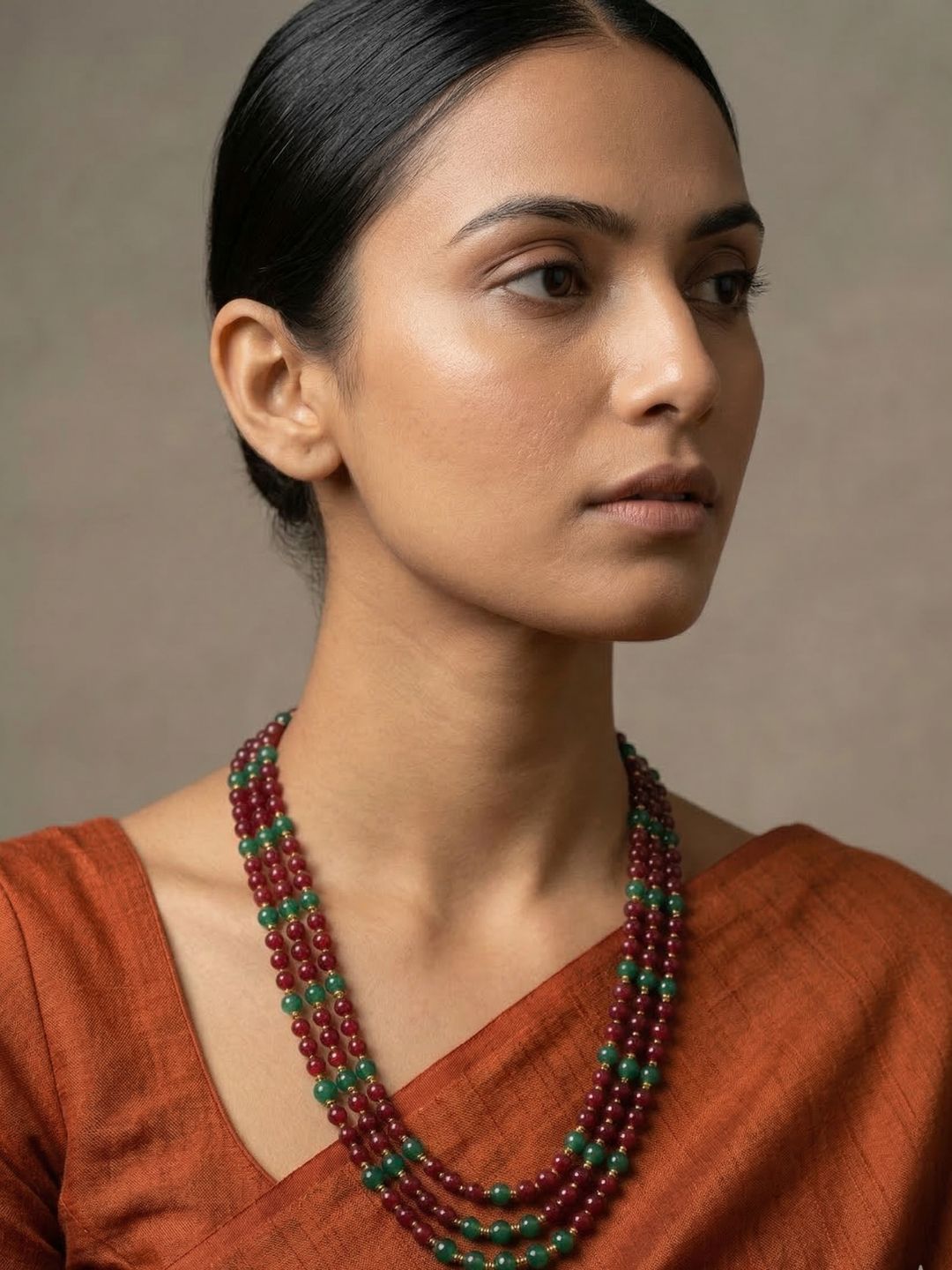 handcrafted semi precious red gemstone beads necklace for saree 