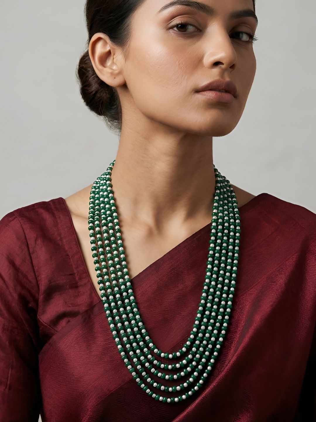 Handcrafted Green Jade and Freshwater Pearls Multi-Layered Beaded Necklace fot saree and traditional attire