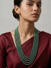 Handcrafted Green Jade and Freshwater Pearls Multi-Layered Beaded Necklace fot saree and traditional attire