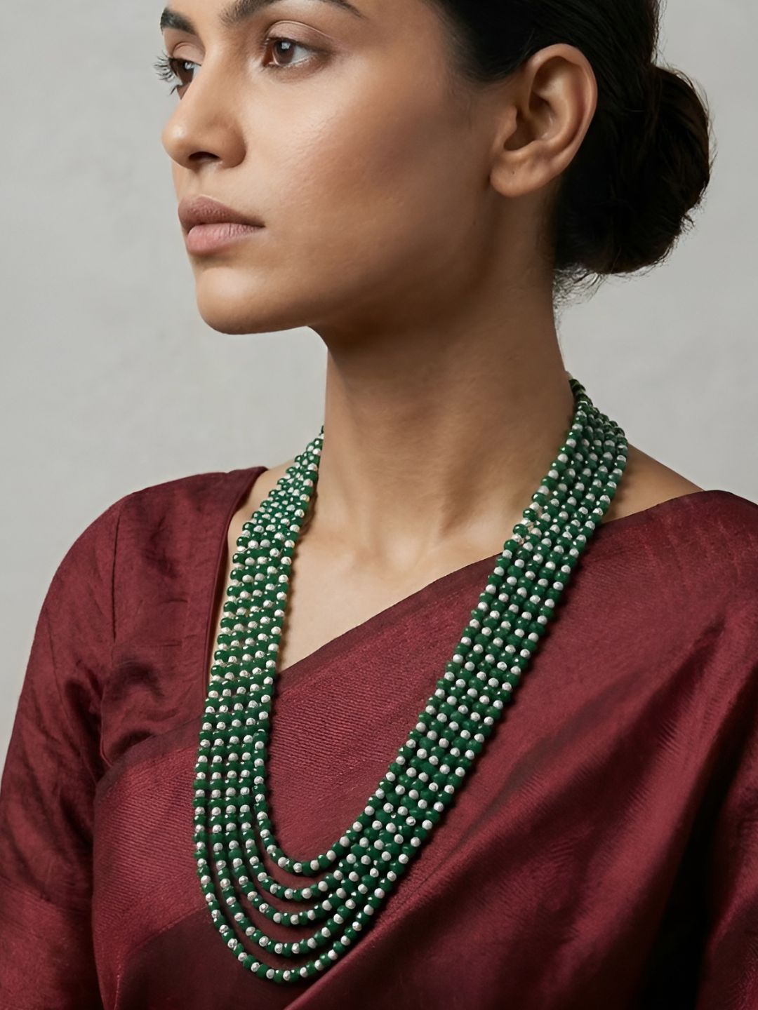 Handcrafted Green Jade and Freshwater Pearls Multi-Layered Beaded Necklace fot saree and traditional attire