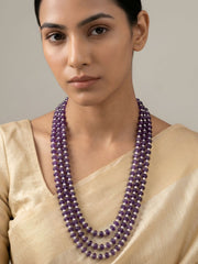 Triple Layered Natural Pearls & Rondelle Shape Natural Amethyst Beads Necklace For Women