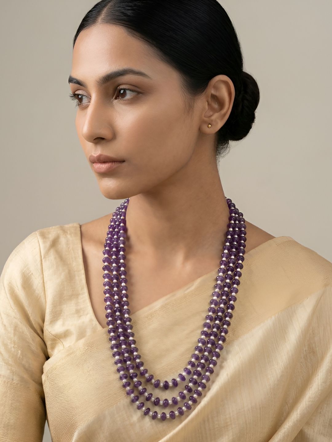 Triple Layered Natural Pearls & Rondelle Shape Natural Amethyst Beads Necklace For Women