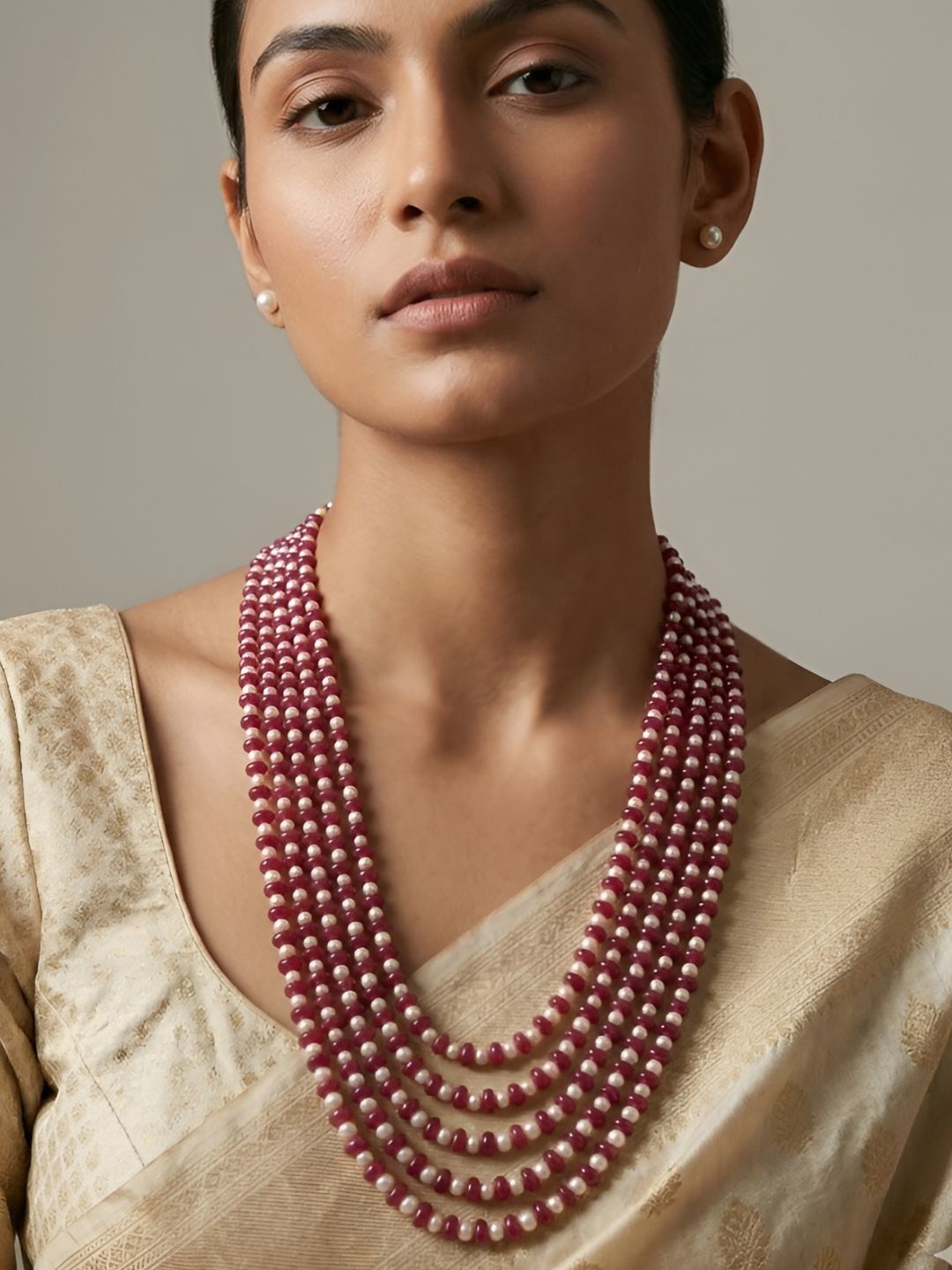 Handcrafted Red Jade and Freshwater Natural Pearls Multi-Layered Beaded Necklace For Women