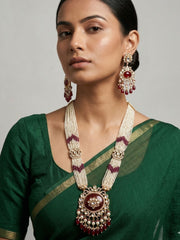 Traditional Long Kundan Necklace Set With Pearl Strands - Luxury Wedding Jewellery