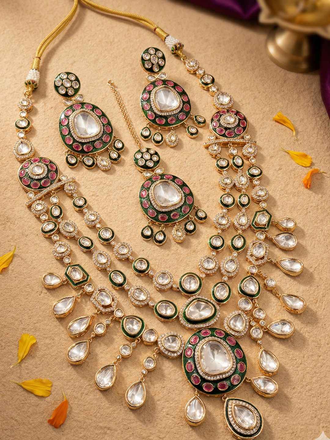 Designer Kundan Wedding Jewelry Set With Green Enamel | Traditional Bridal Jewellery Set Wiith Tikka